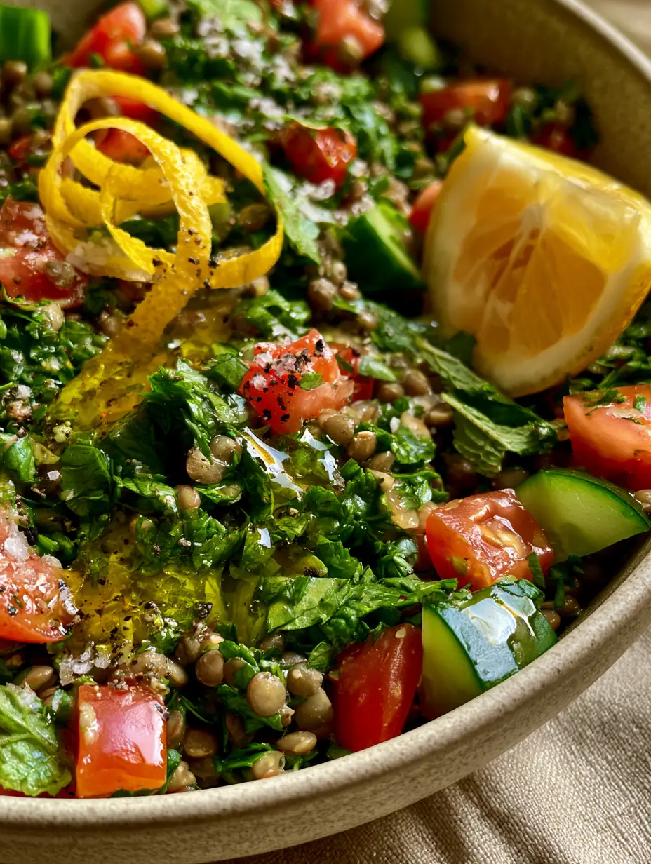Lentil Tabbouleh Salad: A High-Protein Mediterranean Herb Salad 3 Highly detailed food photography of lentil tabbouleh salad showing minced parsley and diced tomatoes. (lentil tabbouleh salad)