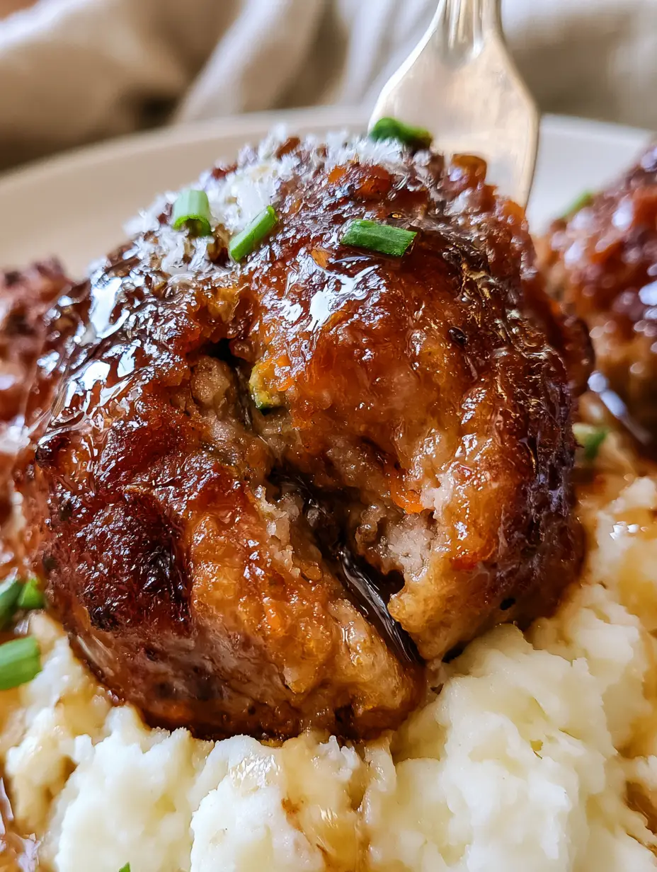 Kid Friendly Dinner Recipe: Honey-Garlic Glazed Meatballs over Silky Yukon Gold Mash 3 Extreme macro of a silver fork splitting open a juicy meatball with hidden carrots on white mashed potatoes. (kid friendly dinner recipe)