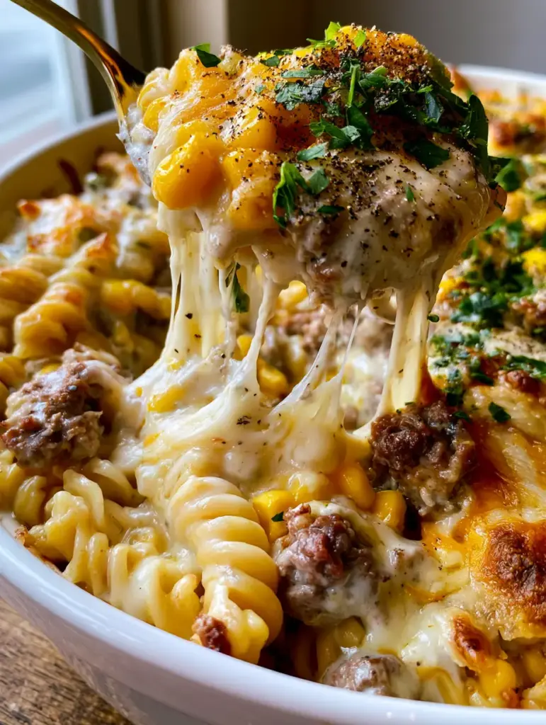 Cheddar Ranch Beef and Sweet Corn Rotini Bake: The Ultimate Cheesy Comfort Food 1 Macro shot of rotini pasta coated in ranch-infused sauce with golden corn kernels and seared beef crumbles.