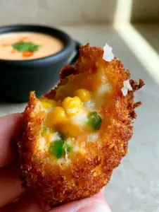 Extreme close-up of a shattered jalapeno corn nugget revealing molten white cheddar, yellow corn, and green jalapenos.