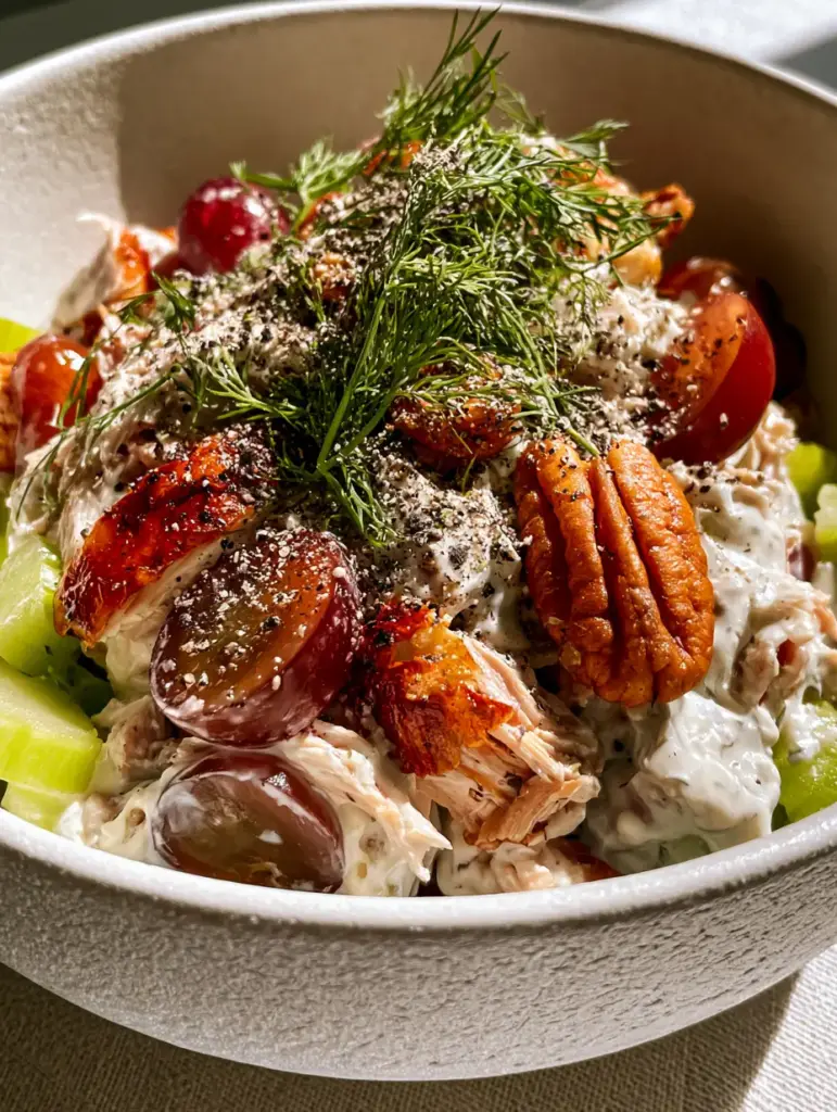 Easy Chicken Salad Recipe with Shredded Rotisserie Chicken and Grapes 1 Overhead view of chicken salad in a matte white ceramic bowl showing celery crescents and toasted pecan halves.