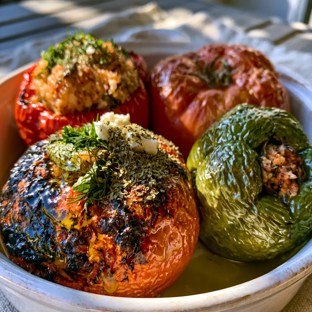 Gemista: The Ultimate Guide to Authentic Greek Stuffed Vegetables 2 Macro handheld smartphone photo of Gemista showing glistening olive oil on charred red and green bell peppers.
