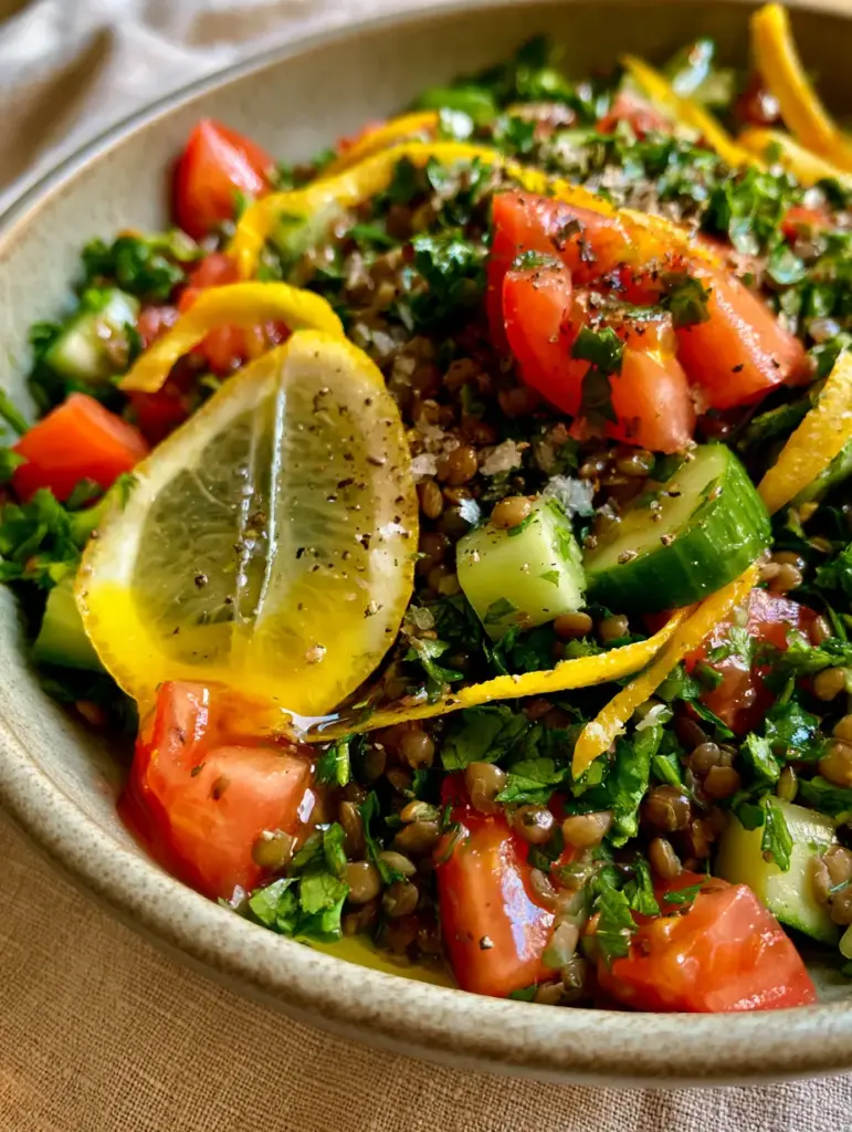 Lentil Tabbouleh Salad: A High-Protein Mediterranean Herb Salad 1 Close-up of lemon zest curls on top of a shimmering lentil tabbouleh salad.