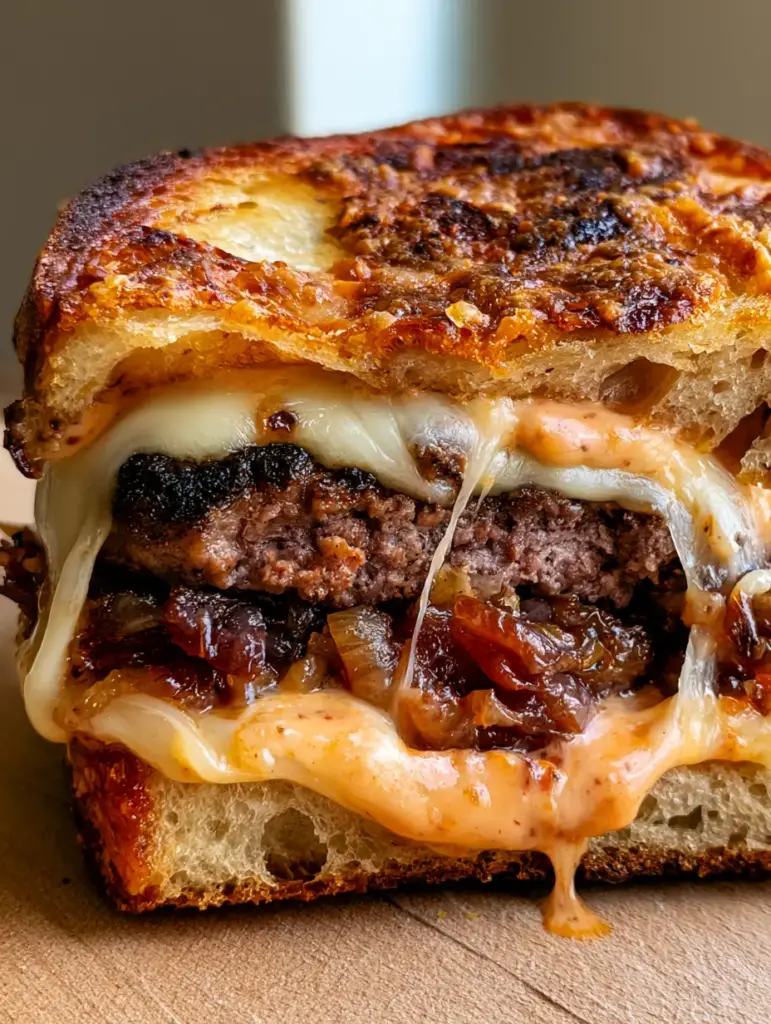 Ultimate Patty Melt Recipe with Shattered Sourdough and Jammy Onions 1 Close up of dark mahogany jammy caramelized onions tucked inside a seared beef patty melt.