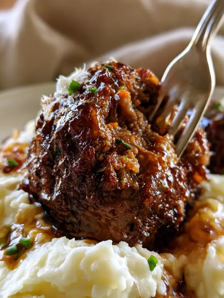 Kid Friendly Dinner Recipe: Honey-Garlic Glazed Meatballs over Silky Yukon Gold Mash 1 Close up of glazed meatballs with a translucent mahogany honey-balsamic sear and fresh chives. (kid friendly dinner recipe)