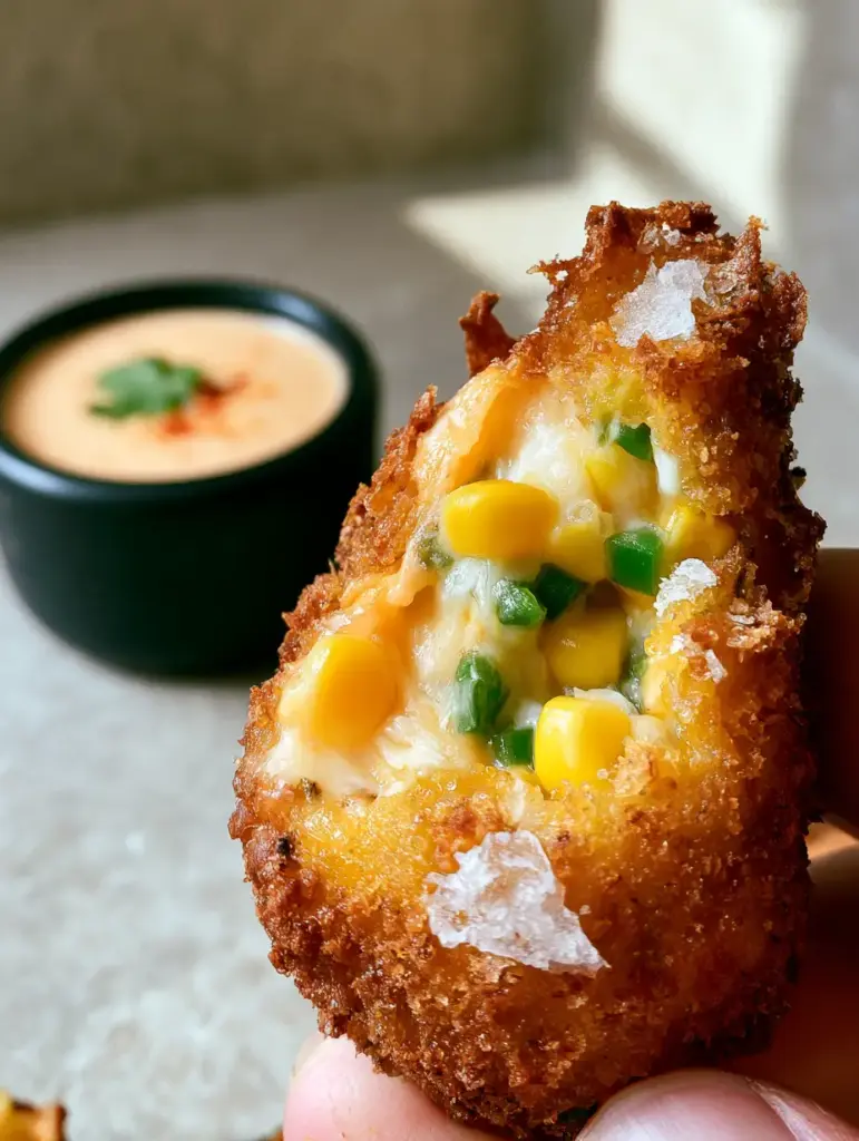 Jalapeno Corn Nuggets with Molten White Cheddar and Panko Crust 1 Handheld photo of a crispy Jalapeno Corn Nugget with steam rising and a side of pale orange dipping sauce.