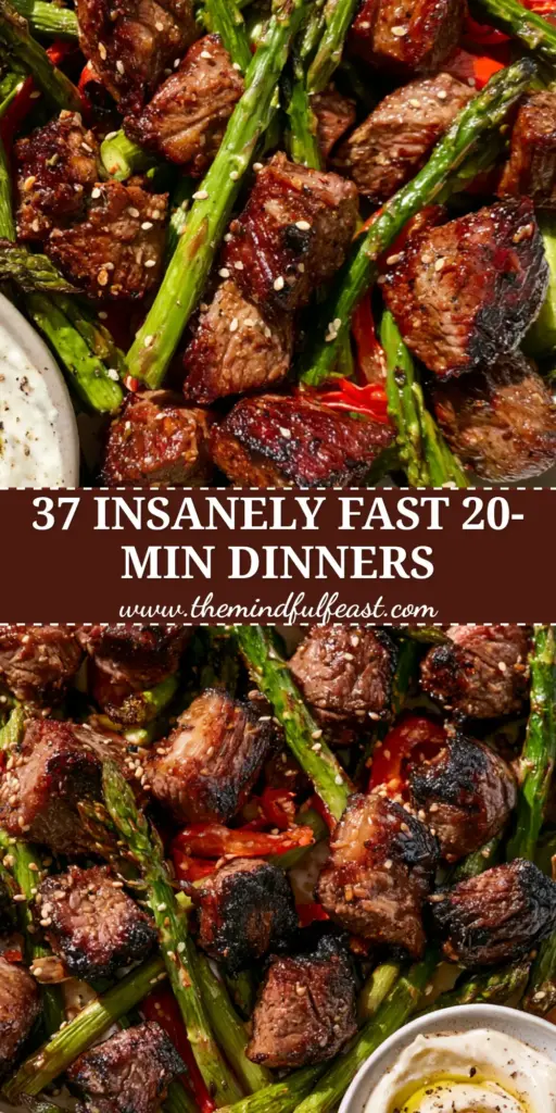 Simple Dinner Ideas: Honey-Garlic Steak Bites and Blistered Asparagus 4 A vibrant sheet pan dinner with honey-garlic steak bites, blistered asparagus, and red bell peppers on a white marble counter. (Simple dinner ideas)