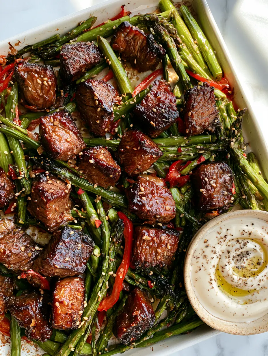 Simple Dinner Ideas: Honey-Garlic Steak Bites and Blistered Asparagus 3 Top-down view of seared honey-garlic steak bites and charred asparagus on a sheet pan. (Simple dinner ideas)