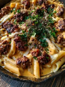 A close-up of penne pasta coated in orange-gold cheddar sauce with caramelized beef crumbles in a skillet. (creamy beef pasta recipe)