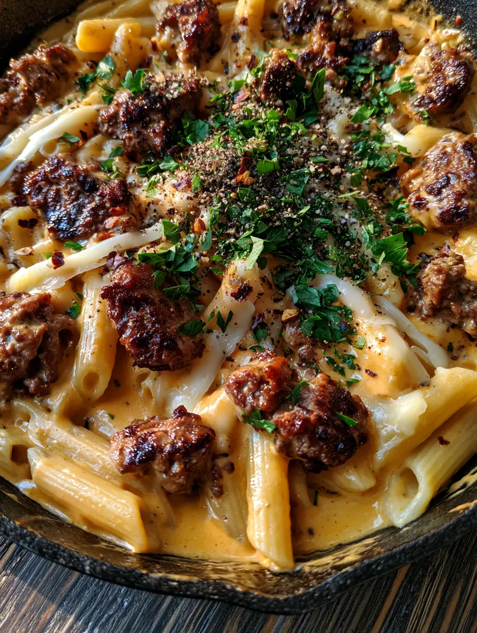Creamy Beef Pasta Recipe: The Ultimate Cheesy Cast Iron Skillet Dinner 3 A close-up of penne pasta coated in orange-gold cheddar sauce with caramelized beef crumbles in a skillet. (creamy beef pasta recipe)