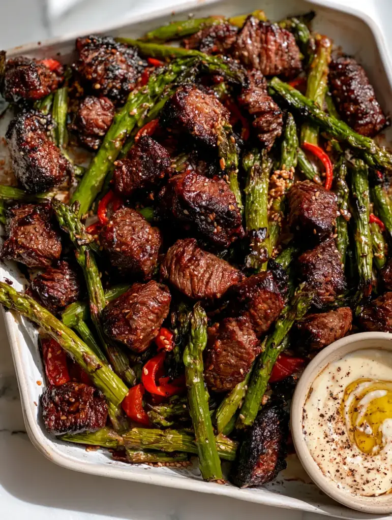 Simple Dinner Ideas: Honey-Garlic Steak Bites and Blistered Asparagus 1 Abundant sheet pan featuring steak, blistered peppers, and a bowl of garlic aioli with an oil swirl.
