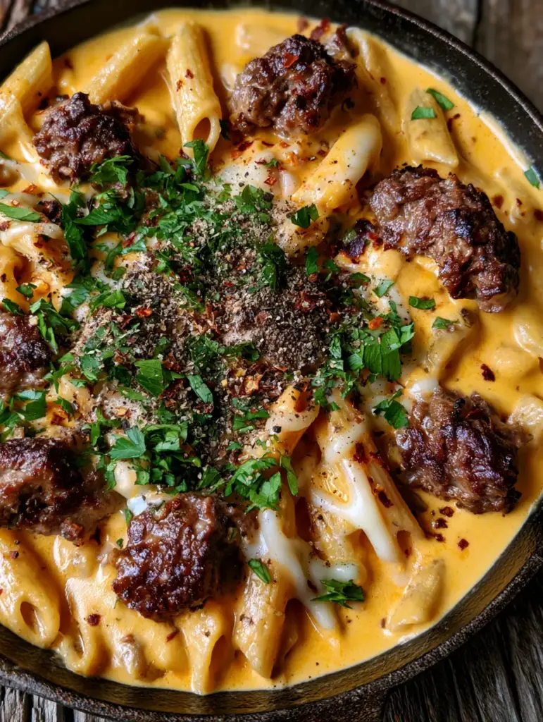 Creamy Beef Pasta Recipe: The Ultimate Cheesy Cast Iron Skillet Dinner 1 Top-down view of the creamy beef pasta recipe in a black cast iron skillet showing mozzarella ribbons and red pepper flakes.