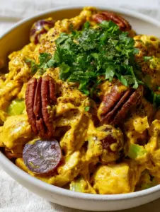 Close up photo showing the glossy golden texture of curry chicken salad with grapes and cilantro. (curry chicken salad)