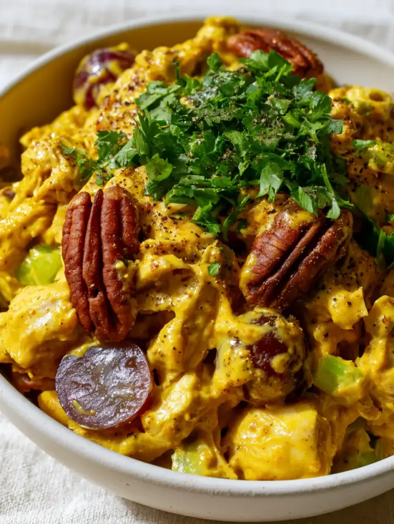 Curry Chicken Salad with Grapes and Toasted Pecans (Vibrant & Creamy) 2 Close up photo showing the glossy golden texture of curry chicken salad with grapes and cilantro. (curry chicken salad)