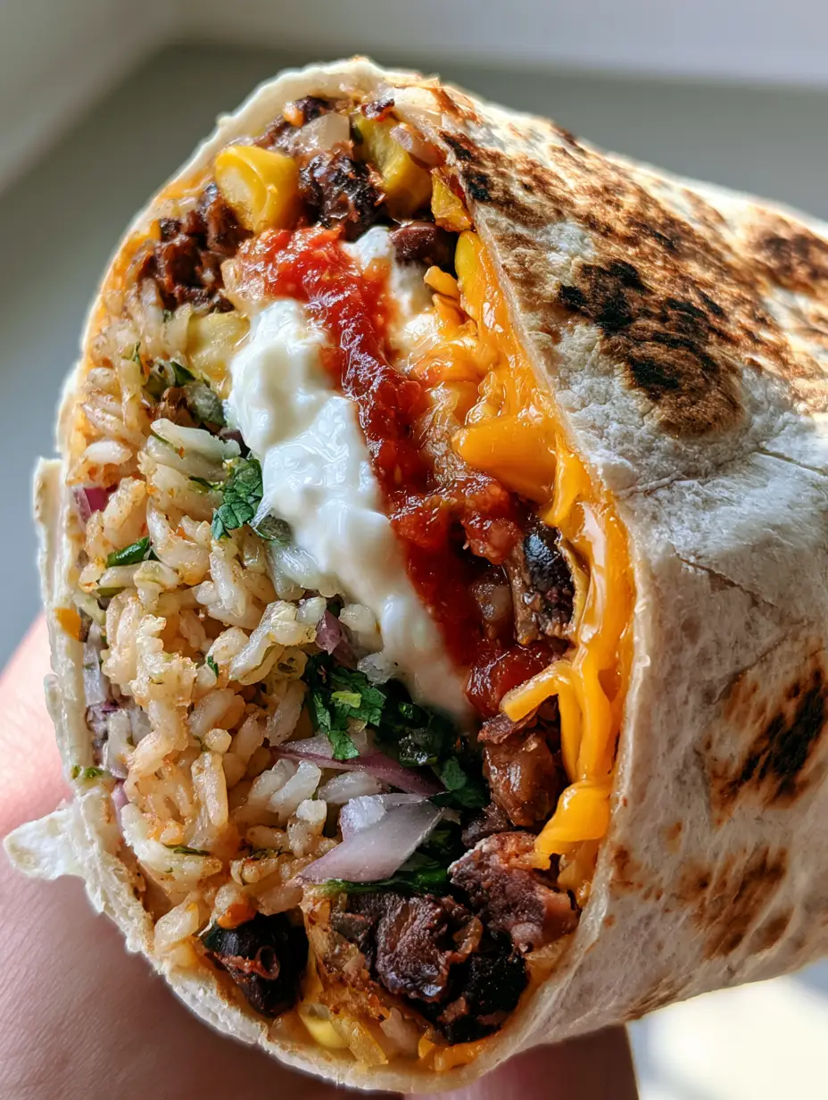 A handheld gourmet Vegetarian bean and rice burrito with golden-brown toasted spots on the tortilla and distinct layers of fluffy rice and plump black beans.