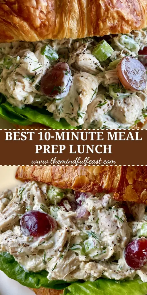 Chicken Salad Sandwich on Flaky Toasted Buttery Croissants 3 A handheld gourmet Chicken Salad Sandwich on a toasted croissant with overflowing creamy filling, red grapes, and bibb lettuce.