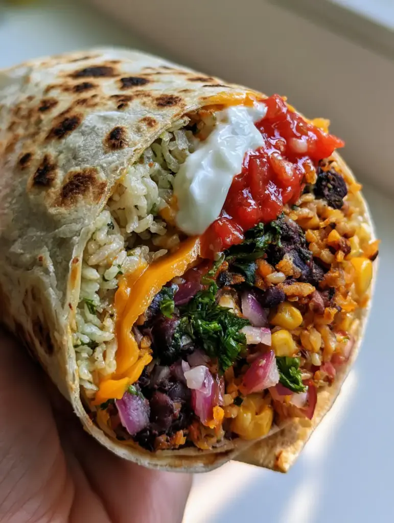 Close-up of the interior of a Vegetarian bean and rice burrito featuring bright orange melted cheddar, white lime crema, and vibrant red salsa.