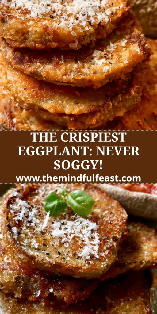 A stack of golden-brown panko-breaded eggplant slices topped with micro-planed parmesan and a sprig of basil. (fried eggplant recipe)