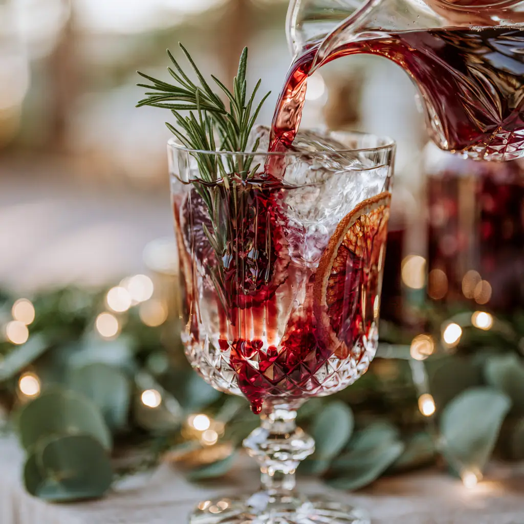 Close up of ruby-red syrup pouring into a goblet for wedding drinks.