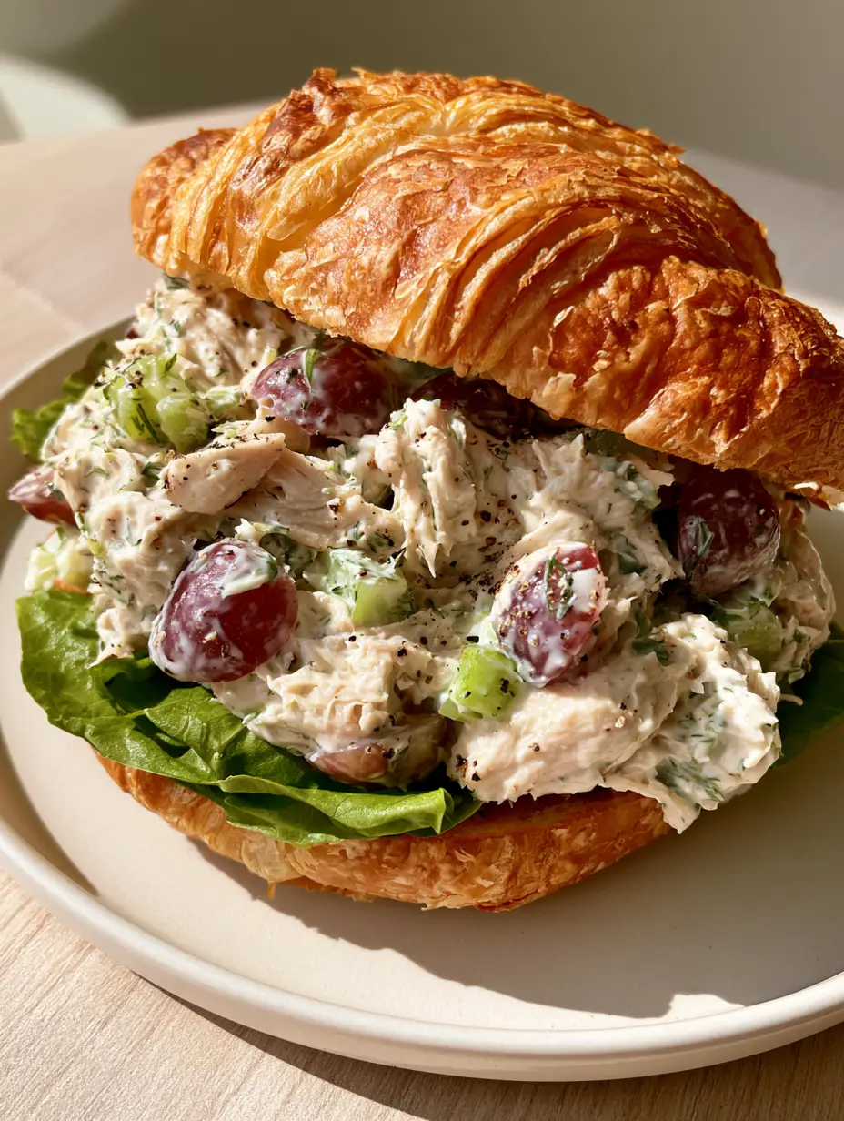 Chicken Salad Sandwich on Flaky Toasted Buttery Croissants 4 Close-up of a Chicken Salad Sandwich showing the shattered-glass texture of the croissant and vibrant green dill flecks.