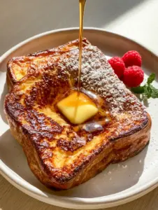 Top-down view of Air Fryer French Toast showing the crispy caramelized edges and glossy maple syrup drizzle.