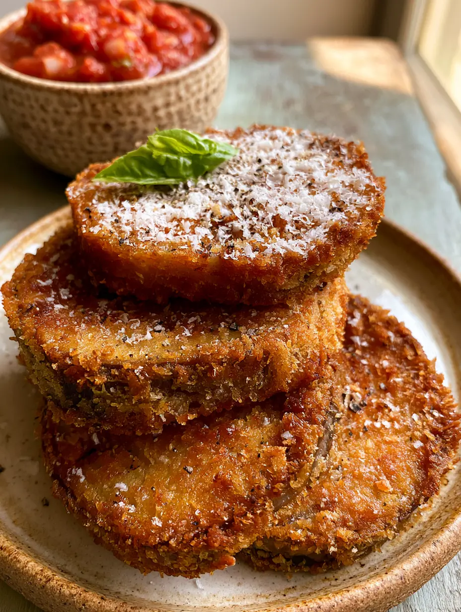 Macro close-up of craggy panko texture on a fried eggplant slice with flaky sea salt. (fried eggplant recipe)