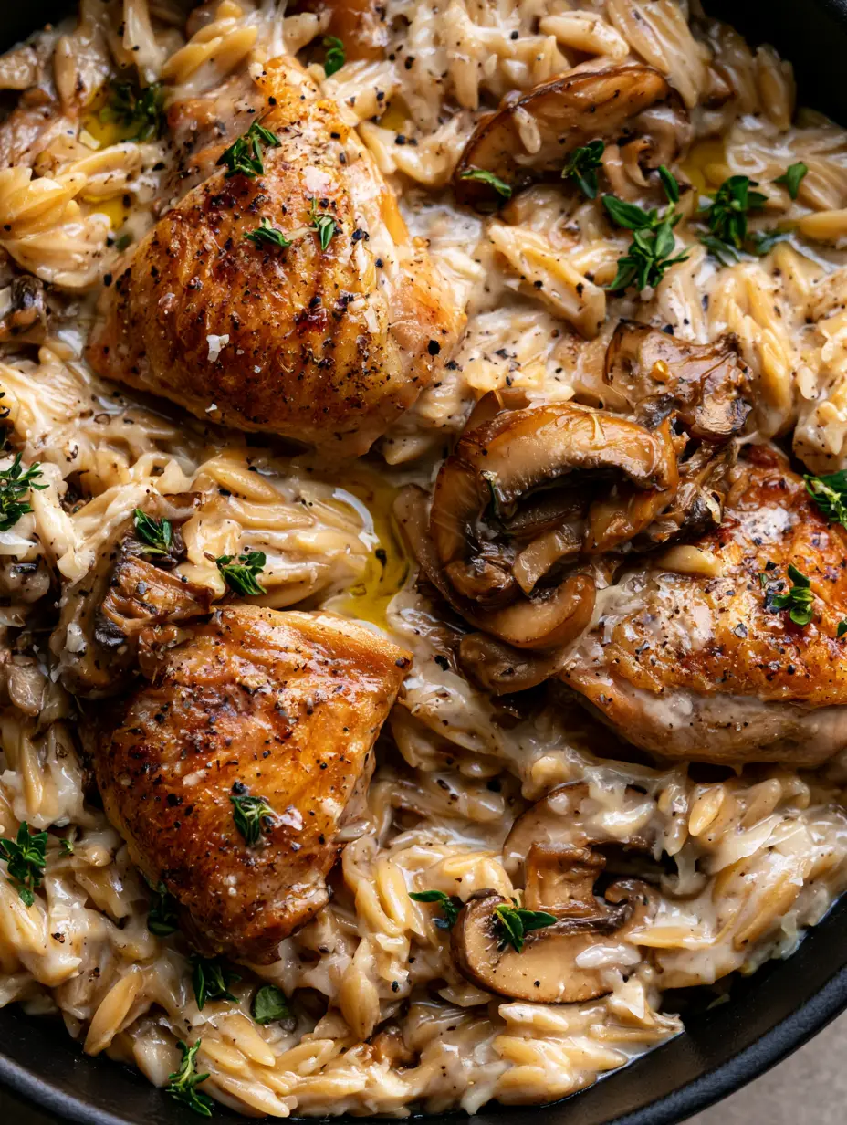 Chicken and Mushroom Orzo: The Ultimate One-Pan Creamy Skillet Dinner 3 Macro shot of toasted golden-brown orzo grains and seared chicken thighs in a glossy cream sauce. (Chicken and Mushroom Orzo)