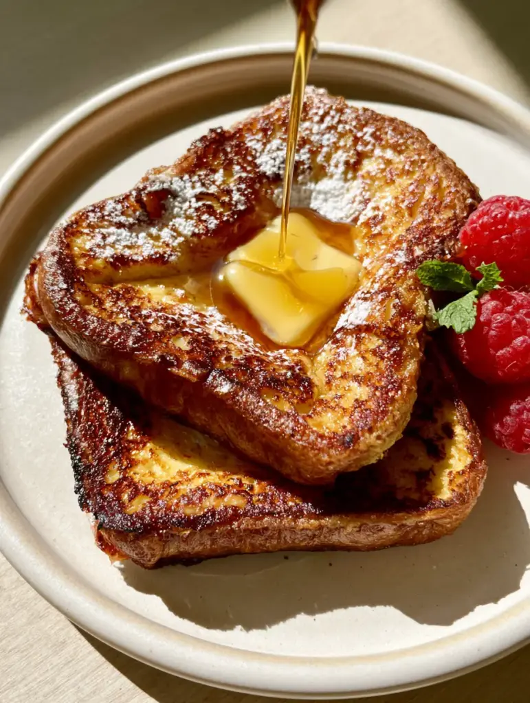 Air Fryer French Toast: The Secret to a Perfectly Crispy Brioche Breakfast 1 Close-up of butter melting on a stack of Air Fryer French Toast with a stream of amber syrup.
