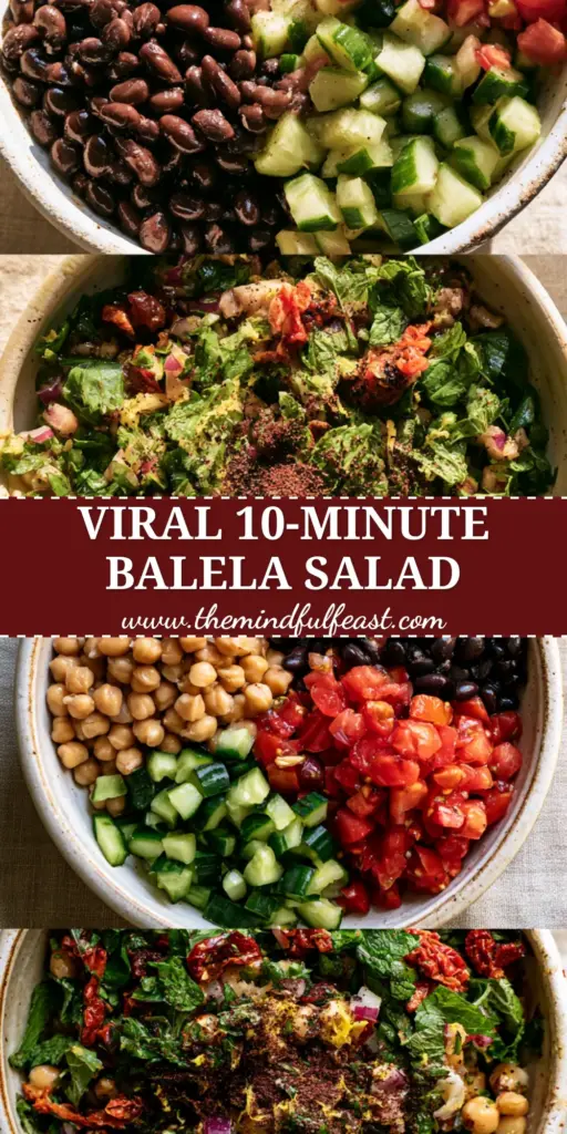 Balela Salad Recipe: The Ultimate Mediterranean Chickpea and Black Bean Feast 4 A vertical Pinterest pin showing a close-up of a balela salad recipe with glistening chickpeas, black beans, and fresh herbs in a white bowl.