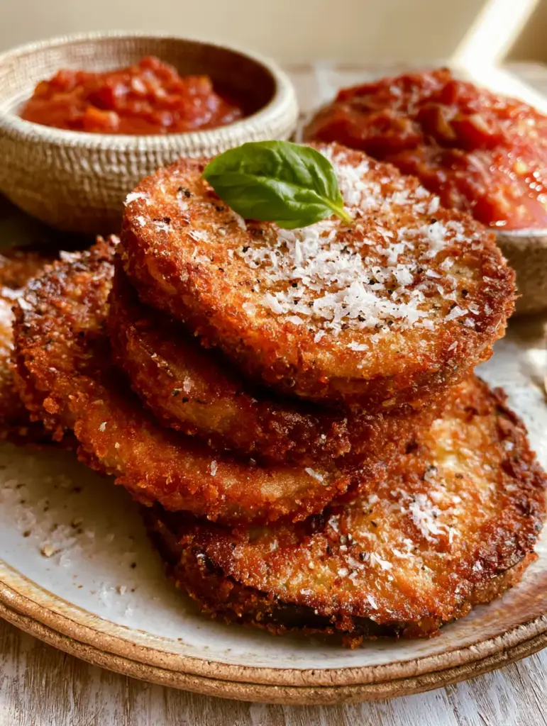 A stack of fried eggplant slices on a rustic plate next to a bowl of chunky marinara sauce. (fried eggplant recipe)