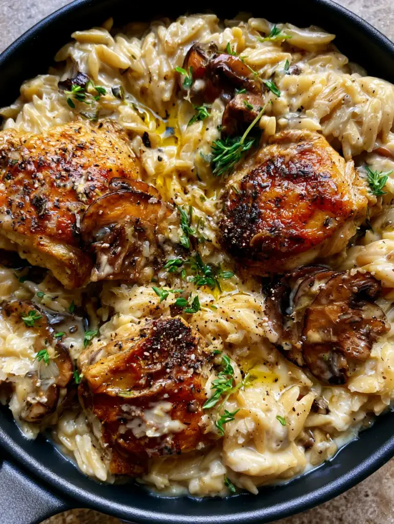 Chicken and Mushroom Orzo: The Ultimate One-Pan Creamy Skillet Dinner 1 Sautéed cremini mushrooms and seared chicken nestled in a bed of creamy toasted orzo with fresh thyme leaves.