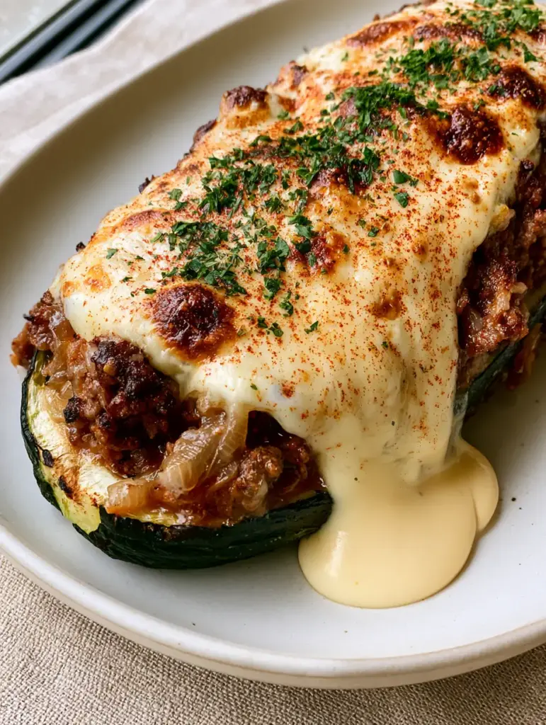 Salantourmasi: The Ultimate Gourmet Stuffed Zucchini Boat with Garlic Aioli 1 Side view of a Salantourmasi showing the champagne-colored aioli cascade and toasted cheddar topping.