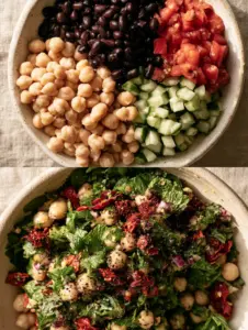 A split screen showing organized piles of chickpea salad ingredients on top and the tossed, glistening balela salad recipe on the bottom.