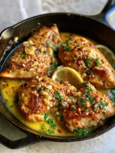 Close-up of seared chicken breast with glistening garlic butter and fresh herbs in a black skillet. (Chicken Dinner Recipes)