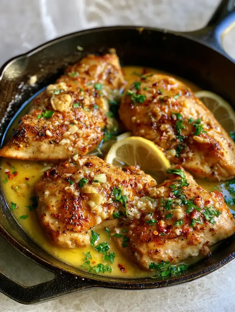 Chicken Dinner Recipes: The Ultimate Garlic Butter Pan-Seared Skillet 2 Close-up of seared chicken breast with glistening garlic butter and fresh herbs in a black skillet. (Chicken Dinner Recipes)