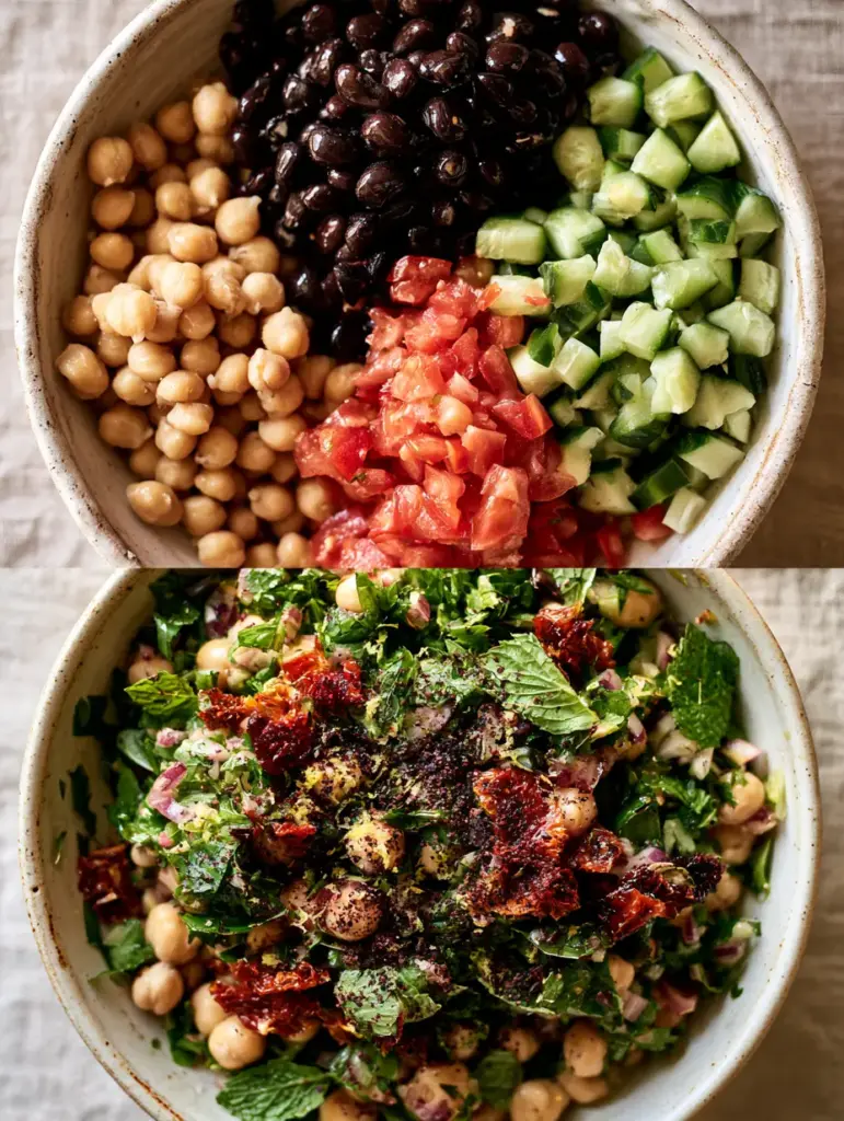 Balela Salad Recipe: The Ultimate Mediterranean Chickpea and Black Bean Feast 1 A vibrant bowl of balela salad recipe topped with sumac, fresh mint, and cracked black pepper under soft natural light.