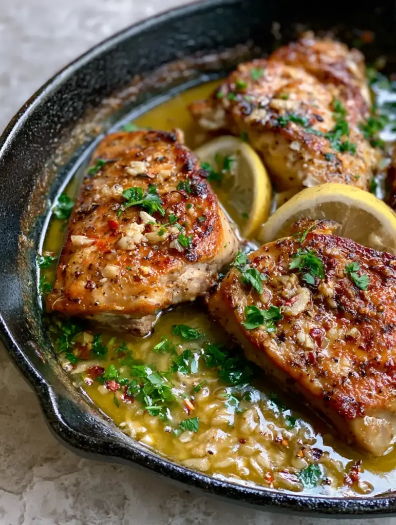 Chicken Dinner Recipes: The Ultimate Garlic Butter Pan-Seared Skillet 1 Overhead 45-degree angle of garlic butter chicken in a cast iron pan on a stone countertop.