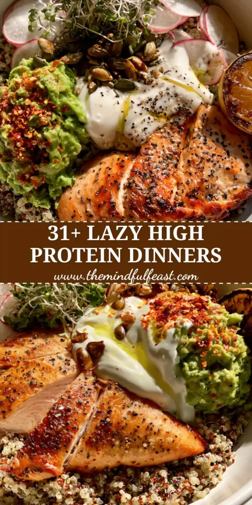 High Protein Clean Eating Dinners: The Ultimate Chicken and Quinoa Power Bowl 3 A top-down view of a high protein chicken and quinoa power bowl with avocado mash and radishes. (high protein clean eating dinners)