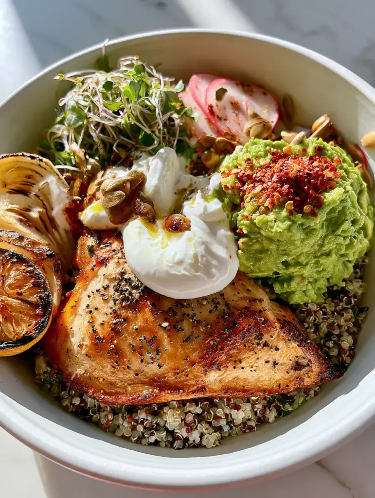 High Protein Clean Eating Dinners: The Ultimate Chicken and Quinoa Power Bowl 2 Ultra-realistic handheld photo of a high protein power bowl in a matte white ceramic bowl on a marble countertop. (high protein clean eating dinners)