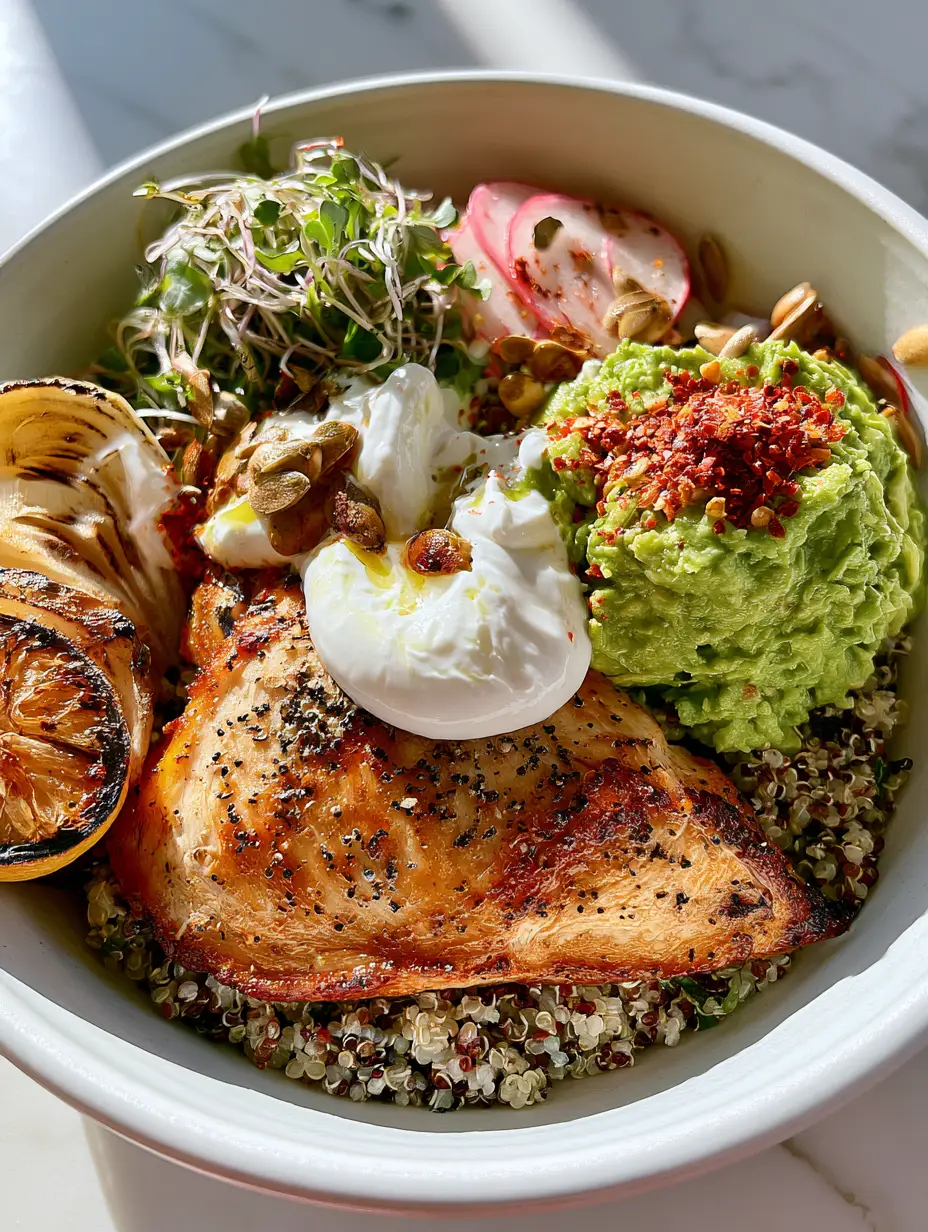 High Protein Clean Eating Dinners: The Ultimate Chicken and Quinoa Power Bowl 4 Ultra-realistic handheld photo of a high protein power bowl in a matte white ceramic bowl on a marble countertop. (high protein clean eating dinners)