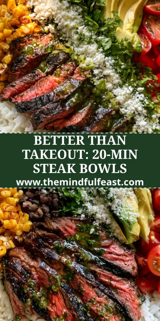 Cilantro Lime Steak Bowls with Charred Corn and Creamy Avocado 4 A top-down view of gourmet cilantro lime steak bowls featuring medium-rare steak, charred corn, avocado, and cotija cheese in a cream ceramic bowl.