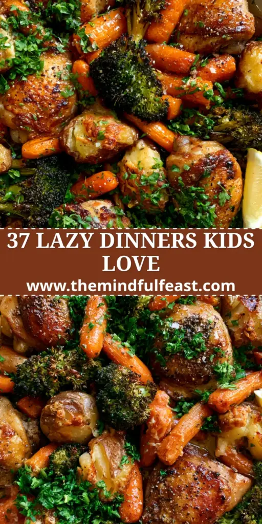 Easy Family Dinner Recipes: Sheet Pan Garlic Butter Chicken with Crispy Veggies 4 A rustic sheet pan filled with golden-brown crispy chicken thighs, honey-glazed carrots, charred broccoli, and smashed gold potatoes. (easy family dinner recipes)