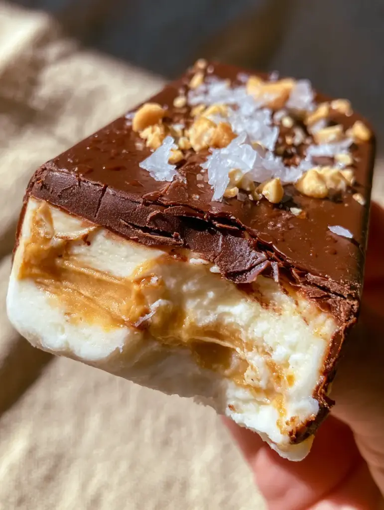 Peanut Butter Frozen Yogurt Bars: The Ultimate Three-Layer Healthy Snack 2 First-person perspective of a hand holding a half-eaten Peanut Butter Frozen Yogurt Bar with a visible bite mark.