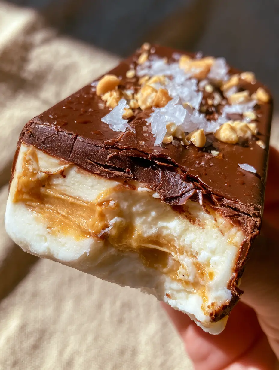 Peanut Butter Frozen Yogurt Bars: The Ultimate Three-Layer Healthy Snack 3 First-person perspective of a hand holding a half-eaten Peanut Butter Frozen Yogurt Bar with a visible bite mark.