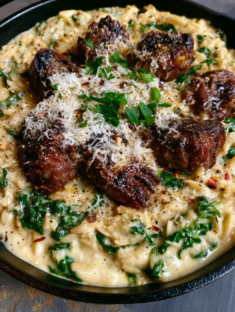 Steak with Creamy Spinach Orzo: The Ultimate One-Pan Cast Iron Dinner 1 Overhead view of a seasoned cast iron skillet filled with steak with creamy spinach orzo and red pepper flakes.