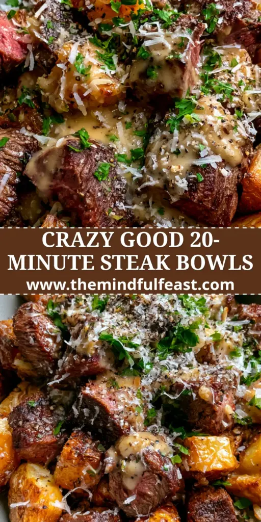 Garlic parmesan steak bowls with Crispy Roasted Potatoes 3 A close-up vertical shot of Garlic parmesan steak bowls featuring seared steak bites and crispy potatoes with a glossy cream sauce drizzle and micro-planed cheese.