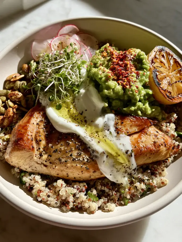 High Protein Clean Eating Dinners: The Ultimate Chicken and Quinoa Power Bowl 1 Close up of pan-seared chicken with golden edges and cracked black pepper in a quinoa bowl.