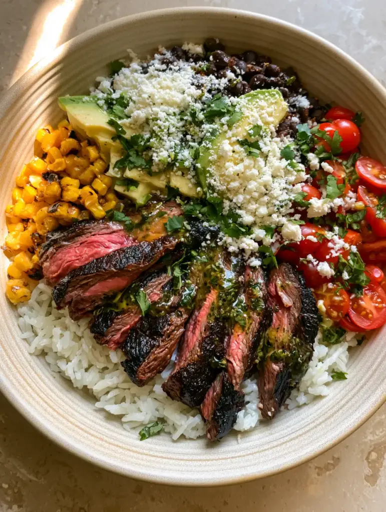 Cilantro Lime Steak Bowls with Charred Corn and Creamy Avocado 2 Close-up of seared steak strips with charred edges and pink centers in cilantro lime steak bowls.