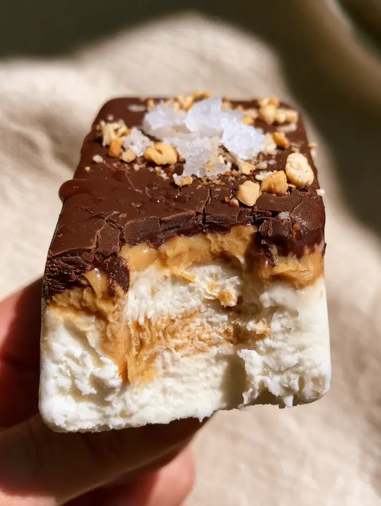Peanut Butter Frozen Yogurt Bars: The Ultimate Three-Layer Healthy Snack 1 Close up of Peanut Butter Frozen Yogurt Bars on a neutral linen background showing the thick yogurt layer and golden peanut butter swirl.