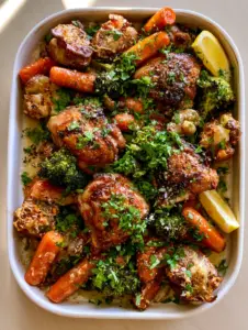 Overhead shot of a rustic white sheet pan with seared chicken thighs, honey-glazed carrots, and crispy smashed potatoes. (easy family dinner recipes)